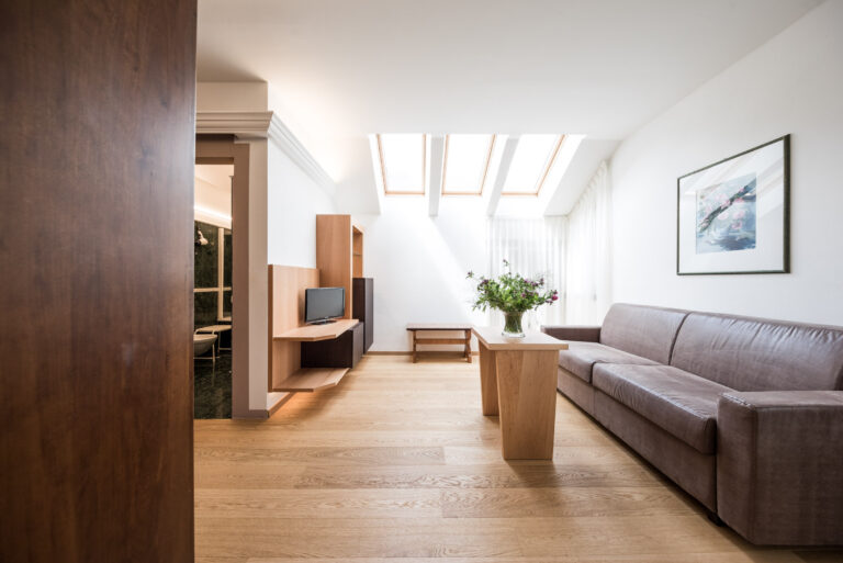 Helle Suite unter Dach mit Sofa, Holzfußboden, niedriger Tisch mit Blumen, Wandregal mit TV und drei Dachfenstern