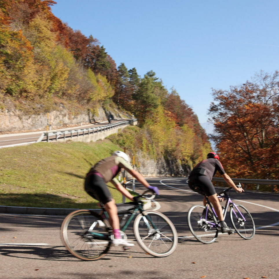 Zwei Radfahrer in Helmen auf kurviger Landstraße bei Kaltern, herbstlich gefärbte Bäume am Hang, klarer blauer Himmel