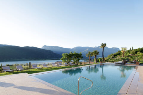 Pool mit Einstiegsstufen und Palmen, im Hintergrund ein See und bewaldete Berge unter klarem Himmel.