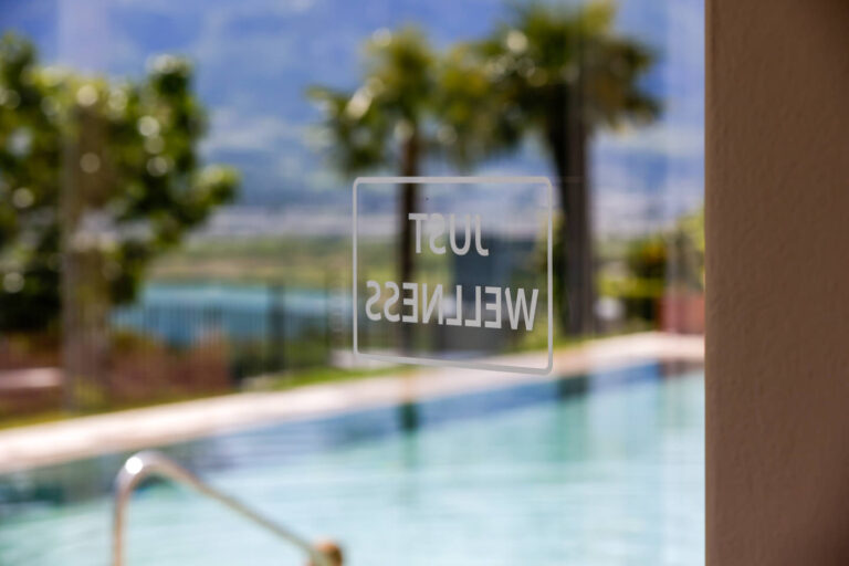 Glas&shy;t&uuml;r mit spiegelnder Beschriftung HOTEL WELLNESS, im Hintergrund Au&szlig;enpool, Palmen und der Kalterer See vor Bergen